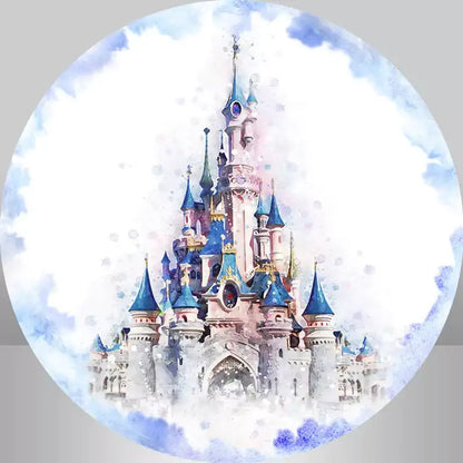 Round backdrop featuring a dreamy watercolor castle in pastel colors, perfect for photography at birthday parties, weddings, and special events.