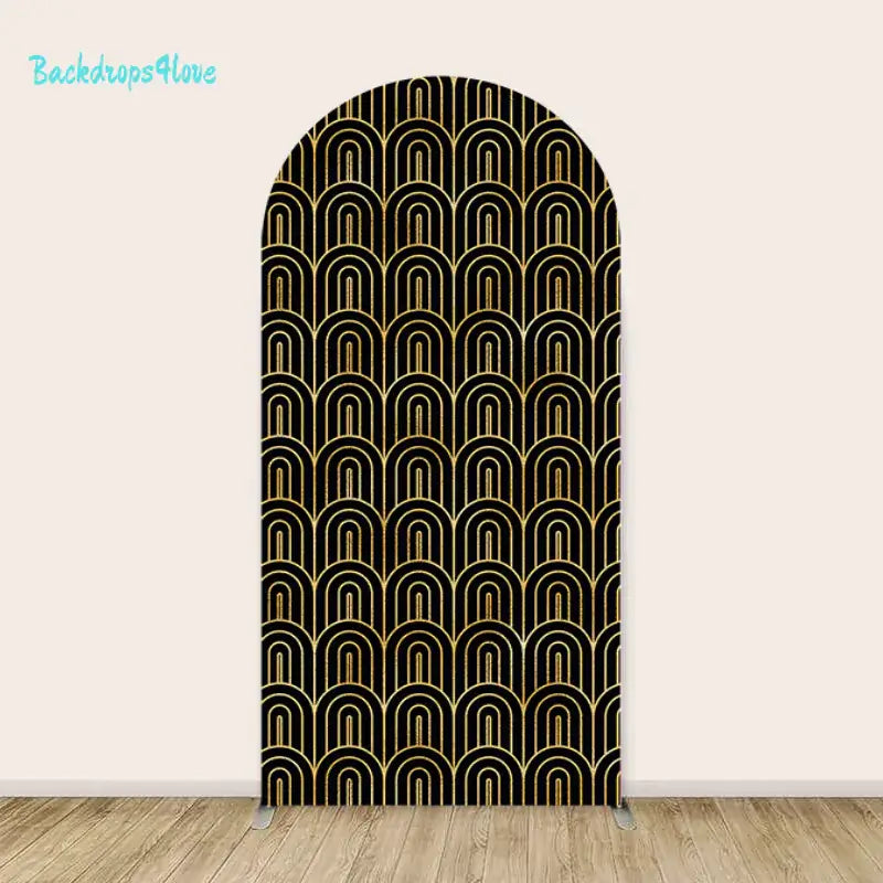 Left arch backdrop with an elegant gold Art Deco pattern featuring repeating arch designs on a black background