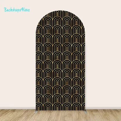 Left arch backdrop with an elegant gold Art Deco pattern featuring repeating arch designs on a black background