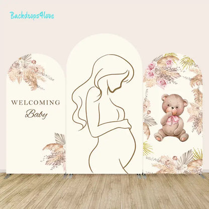 Set of three elegant arch backdrops for baby showers featuring floral and teddy bear themes