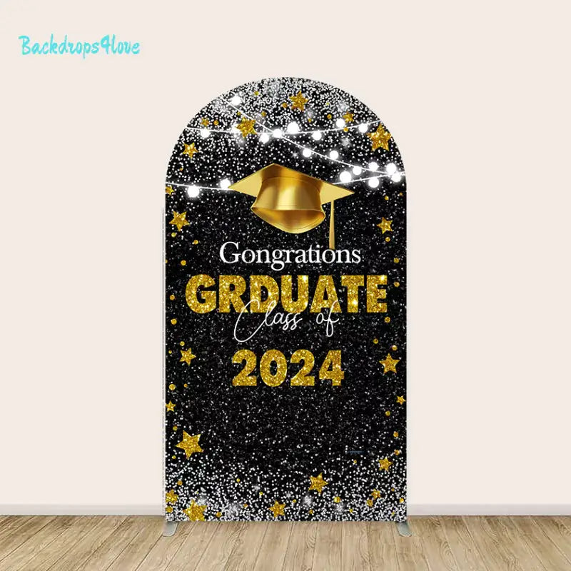 Center arch backdrop with 'Congratulations Graduate Class of 2024' text, gold graduation cap, and stars on black background