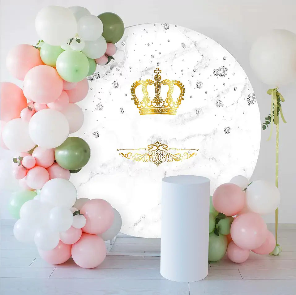 Elegant marble and gold crown round backdrop, perfect for sophisticated celebrations