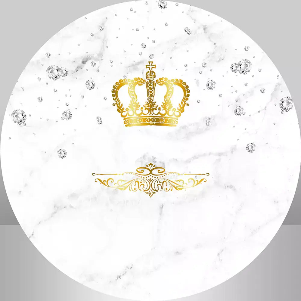 Luxurious round backdrop with gold crown and marble background, ideal for royal-themed events