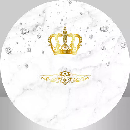 Luxurious round backdrop with gold crown and marble background, ideal for royal-themed events