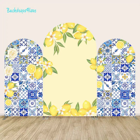 Three-piece lemon and blue mosaic arch backdrop set for fresh-themed events.