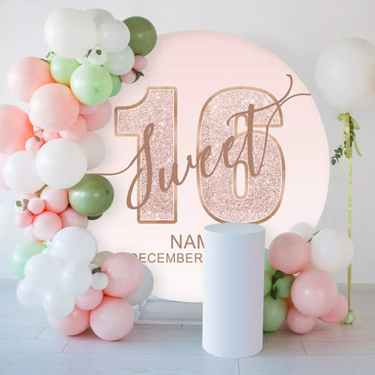 Sweet 16 round birthday backdrop with elegant pink glitter design, customizable with name and date