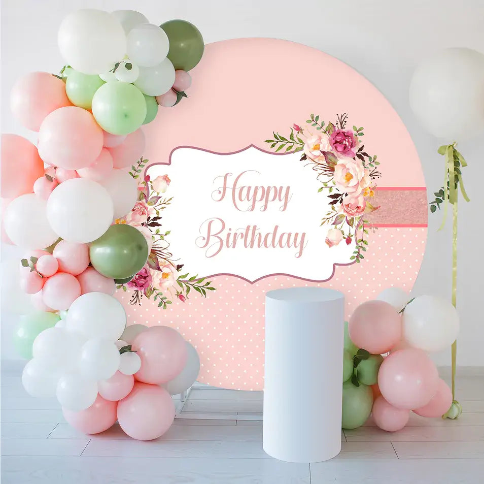 Elegant floral Happy Birthday round backdrop with pink flowers and a charming design, perfect for celebrations