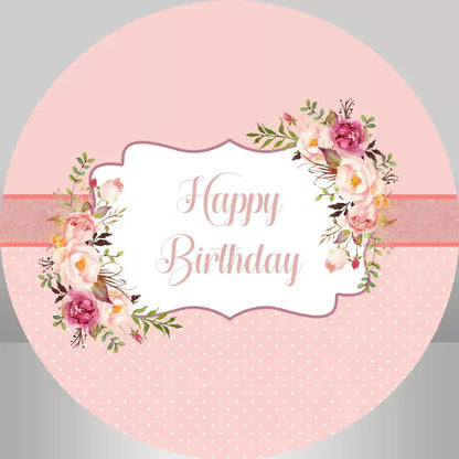 Pink floral Happy Birthday round backdrop featuring delicate flowers, ideal for birthday parties and special occasions