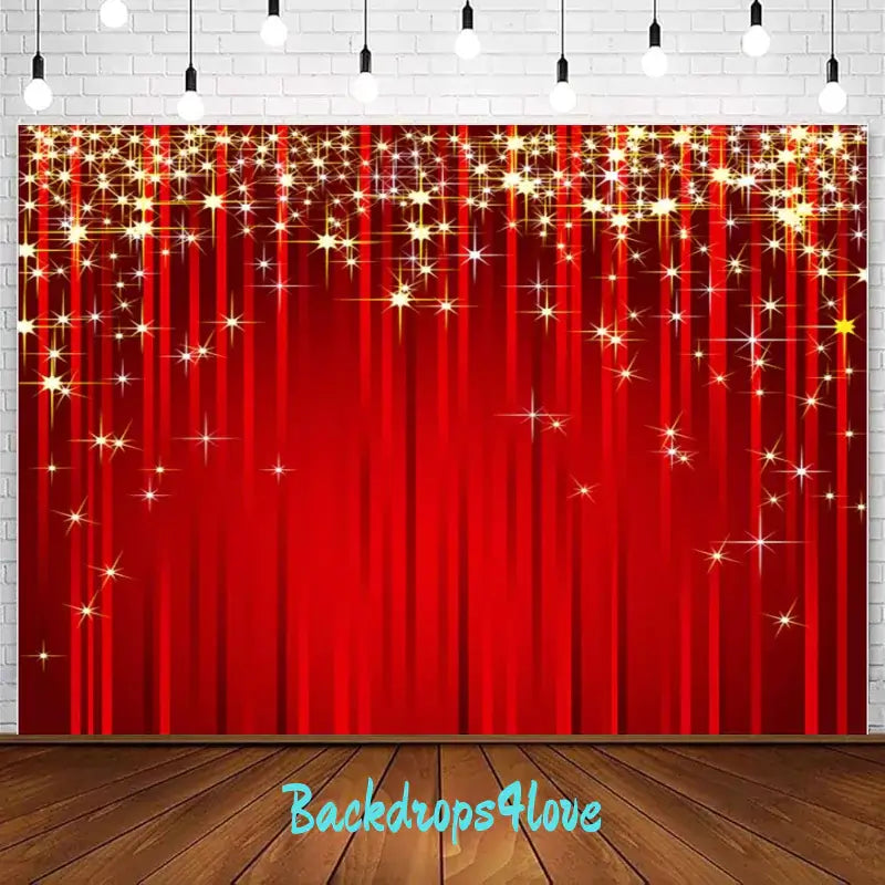 A glamorous red curtain backdrop with sparkling golden stars scattered across the top, perfect for events like parties, weddings, and celebrations. The elegant design evokes a luxurious and festive atmosphere.