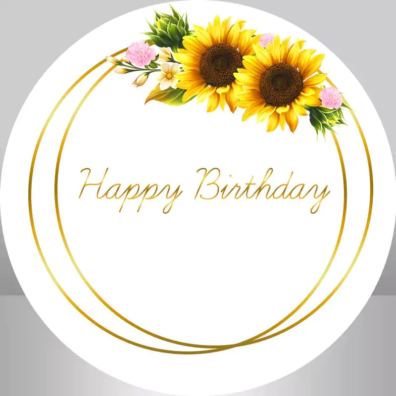 Sunflower Happy Birthday round backdrop with vibrant sunflowers and elegant design, perfect for celebrations