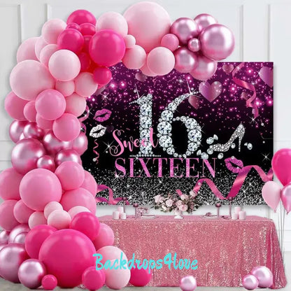 Elegant Sweet 16 party backdrop featuring pink accents, sparkling diamonds, and high heels.