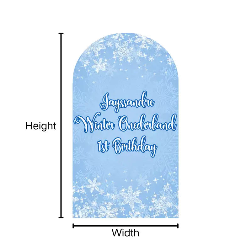 Snowflake-themed Winter Onederland arch backdrop cover with Jayssandre's name, perfect for a 1st birthday celebration