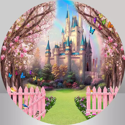 Round backdrop featuring a fairy tale castle with pink flowers, butterflies, and a pastel-colored sky, perfect for photography at birthday parties, weddings, and special events.