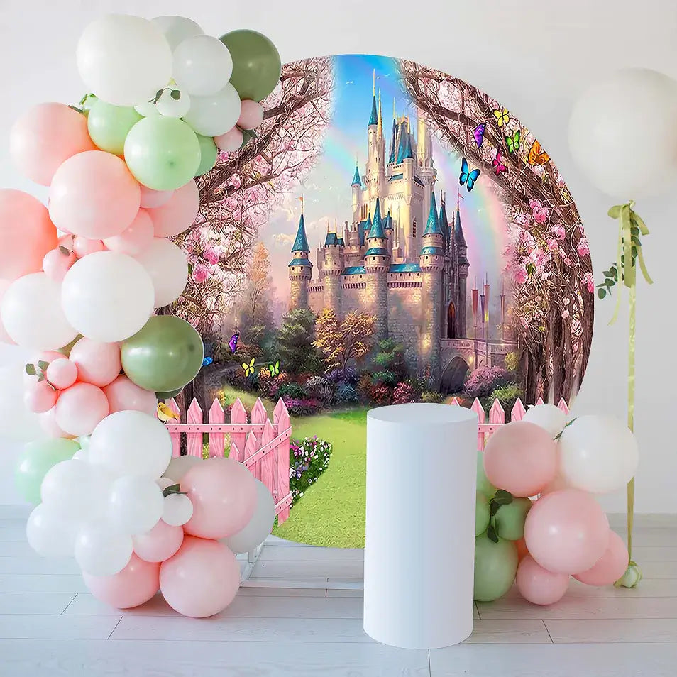 enchanted forest pink flower fairy tale castle round backdrop decorations