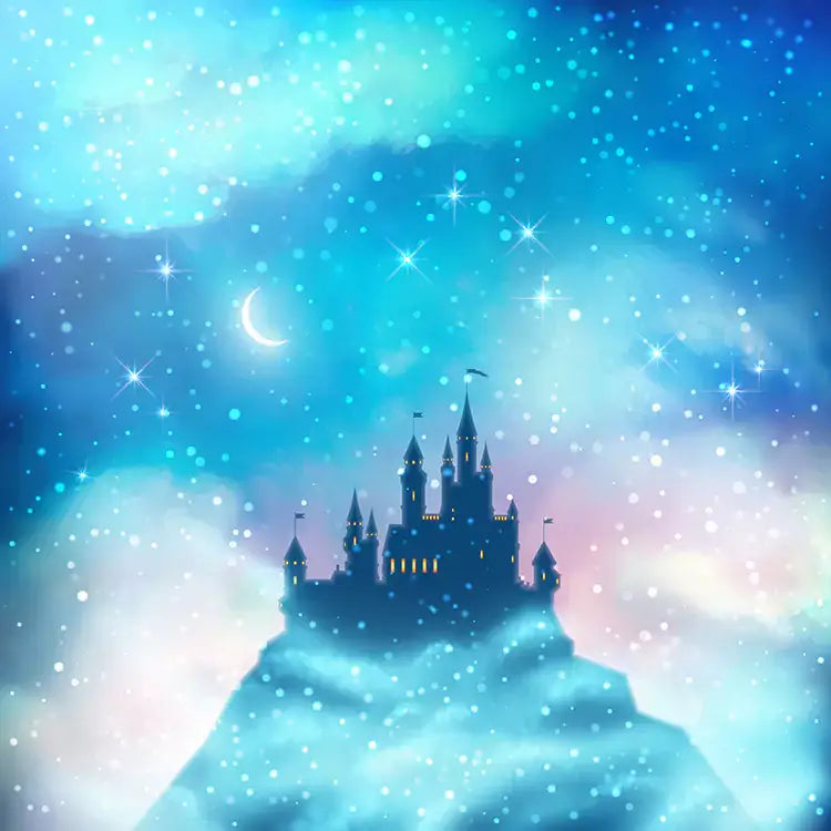 Photography backdrop featuring a mystical night scene with a silhouette of a castle against an enchanted starry sky, perfect for fantasy-themed parties and events.