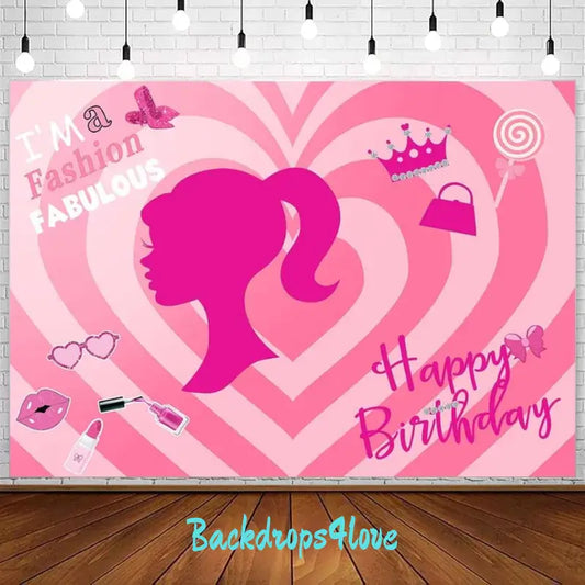 A pink birthday party backdrop featuring a silhouette of a girl's profile, surrounded by fashion-themed icons like heart-shaped sunglasses, lipstick, a crown, and a handbag. The words 'Happy Birthday' and 'I'm a Fashion Fabulous' are also included, making it perfect for girls' birthday celebrations.