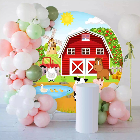 Cute farm animal party backdrop with a vibrant barnyard scene, featuring a red barn, cow, horse, sheep, and more