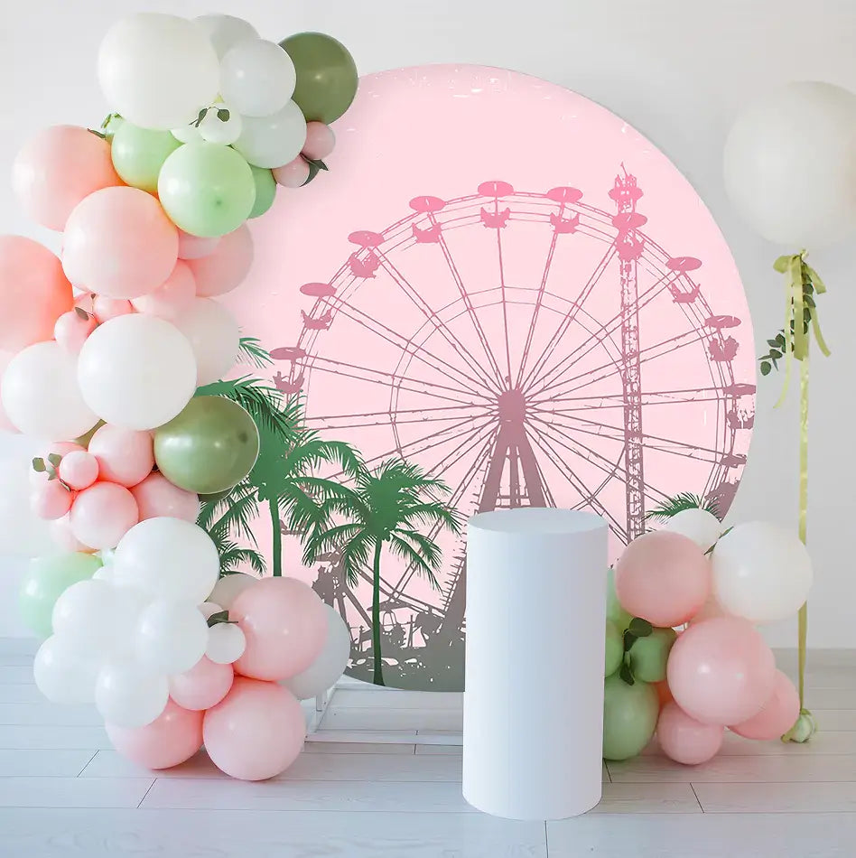 Retro Ferris wheel and palm trees backdrop, ideal for celebrations and photoshoots with a vintage touch