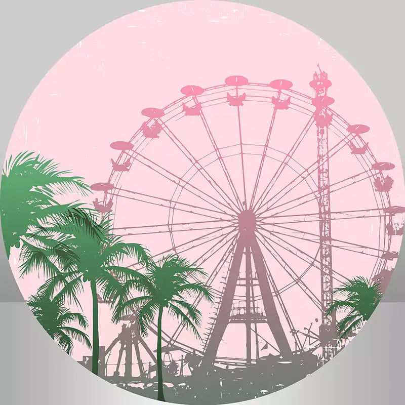 Ferris wheel and palm trees round backdrop with a vintage design against a pink sky, perfect for themed parties