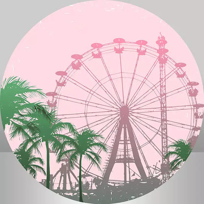 Ferris wheel and palm trees round backdrop with a vintage design against a pink sky, perfect for themed parties