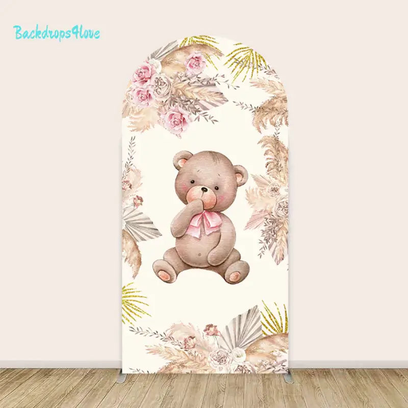 Teddy bear and floral themed arch backdrop for baby showers and events