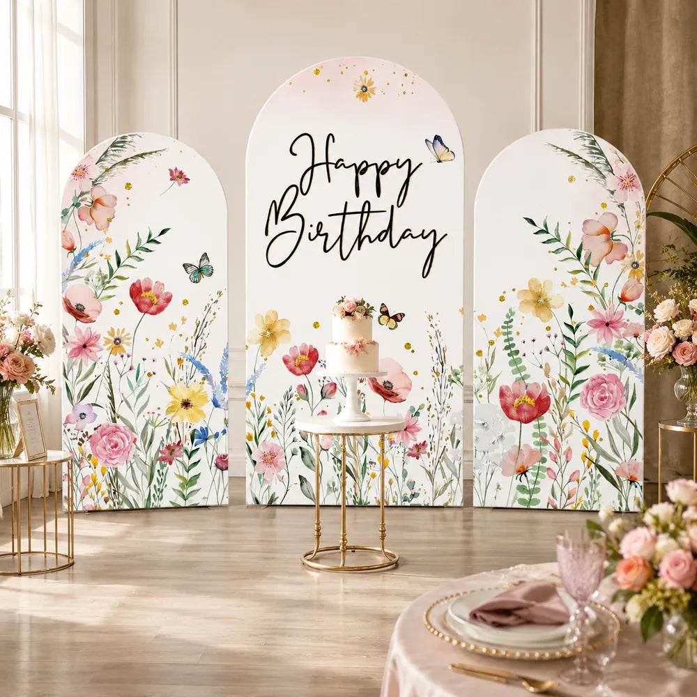 Three-piece Happy Birthday arch backdrop covers set with watercolor wildflowers, butterflies and soft pastel floral designs for an elegant birthday party.