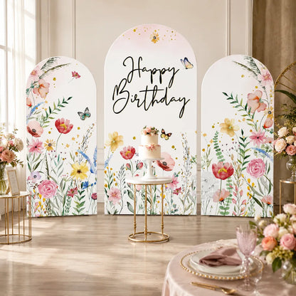 Three-piece Happy Birthday arch backdrop covers set with watercolor wildflowers, butterflies and soft pastel floral designs for an elegant birthday party.