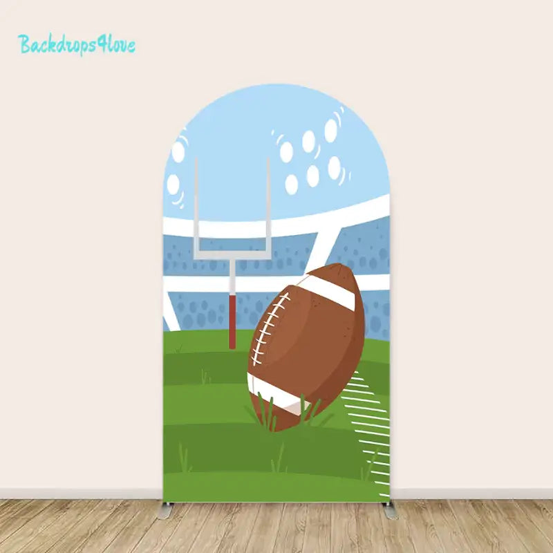 Stadium arch backdrop with a football and goalpost for sports-themed parties