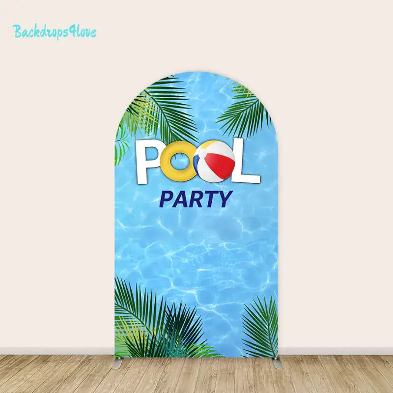 Central arch backdrop with 'POOL PARTY' text, palm leaves, and a water background with a beach ball.