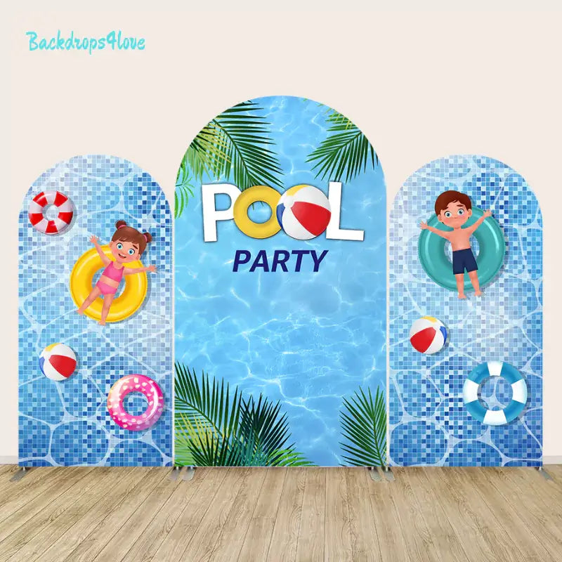 Fun pool party arch backdrop with kids and pool floats, perfect for summer celebrations