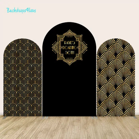 Set of three arched backdrops with Art Deco designs for a 50th birthday, featuring gold patterns on black backgrounds. Central arch has 'Raye's Roaring 50th' text.