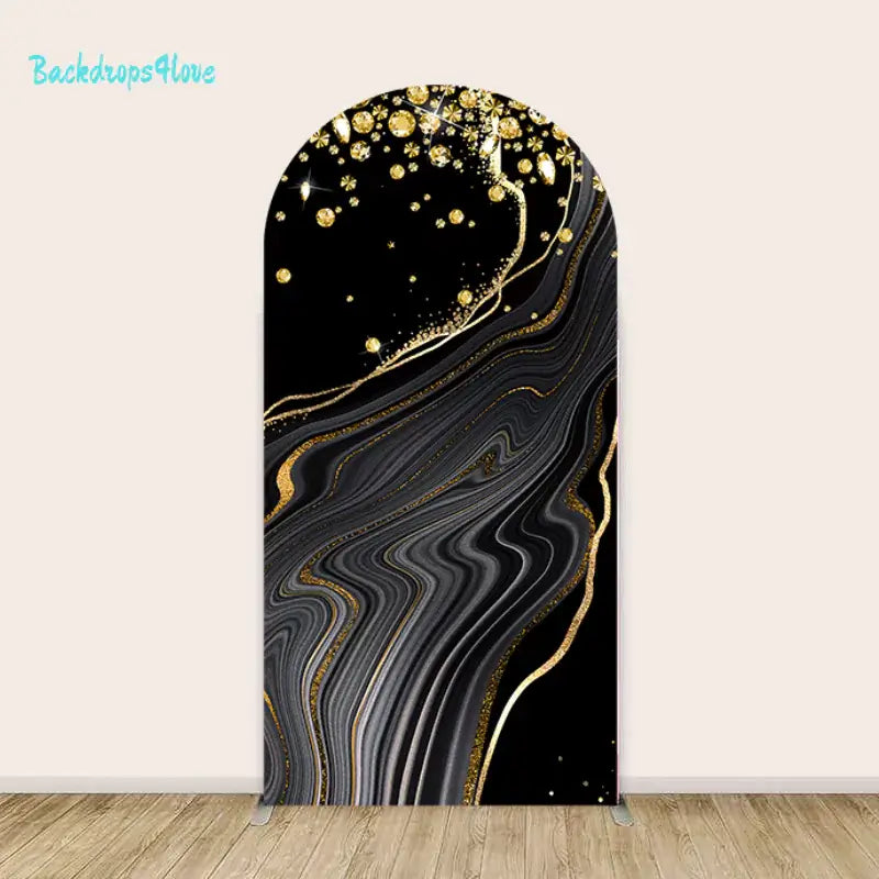 Decorative right arch featuring a luxurious black and gold marble design with glitter