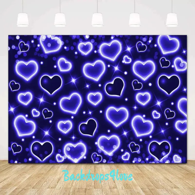 Glowing blue heart backdrop with neon heart designs and starry accents for parties.