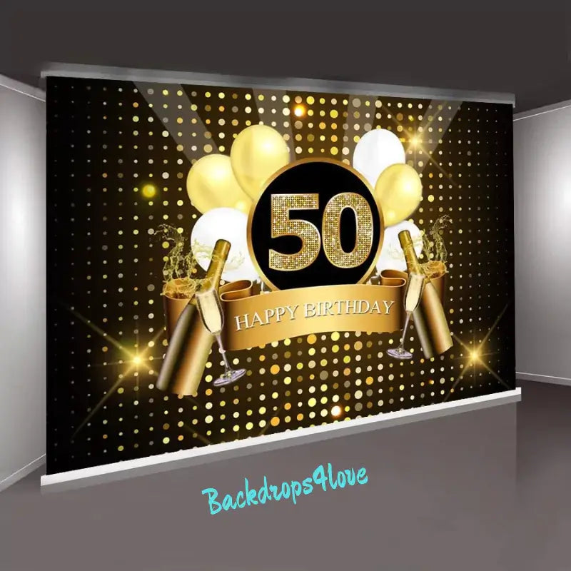 Elegant 50th birthday backdrop in black and gold, featuring golden balloons, champagne bottles, and ‘Happy Birthday’ banner – perfect for milestone celebrations and capturing memorable photos.