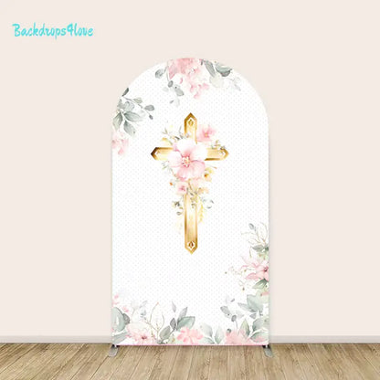 Left arch panel of the First Communion backdrop set featuring a gold cross adorned with pink and white floral accents.