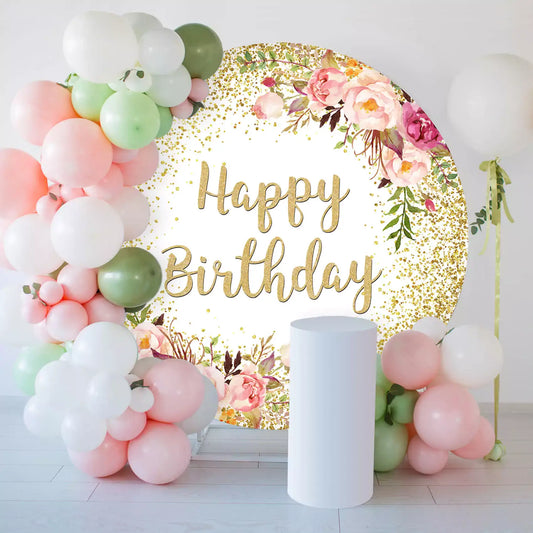 gold glitter and pink floral happy birthday round backdrop decorations