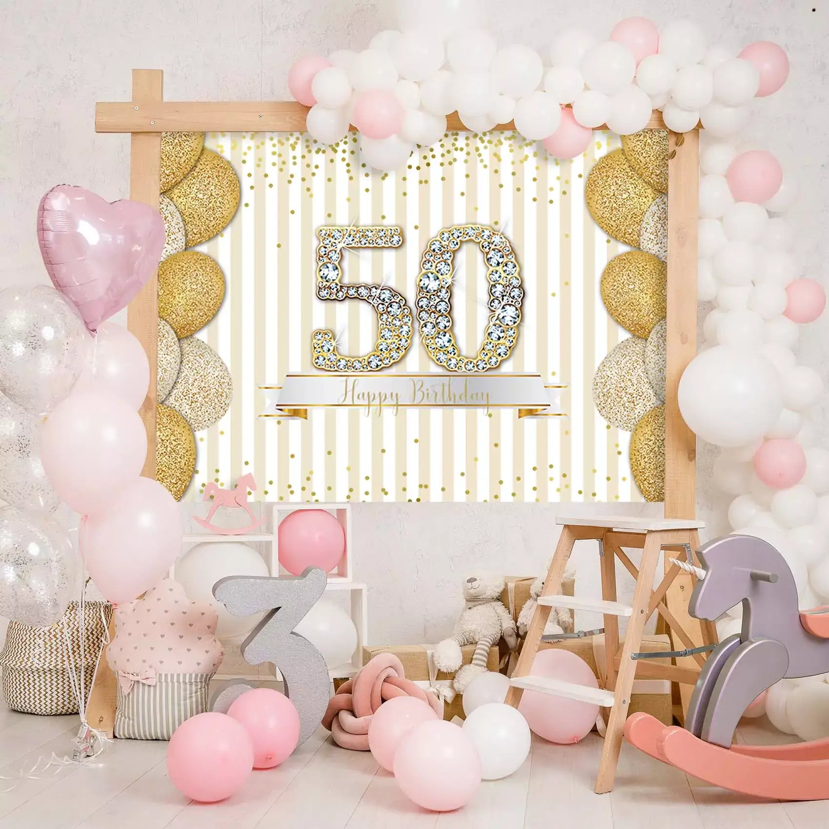 Golden 50th birthday backdrop with elegant and sparkling design, perfect for milestone celebrations