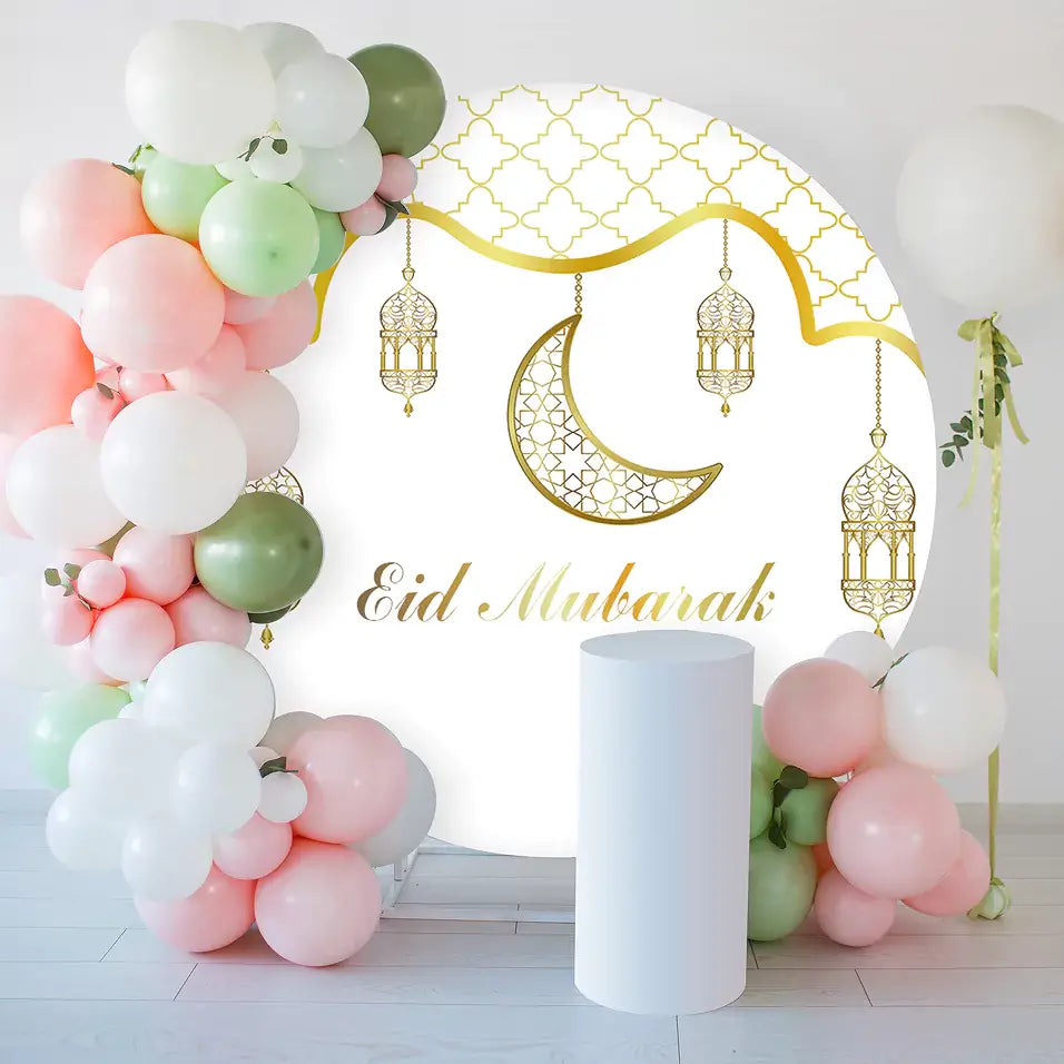 Luxurious gold and white Eid Mubarak round backdrop, perfect for Eid celebrations and gatherings