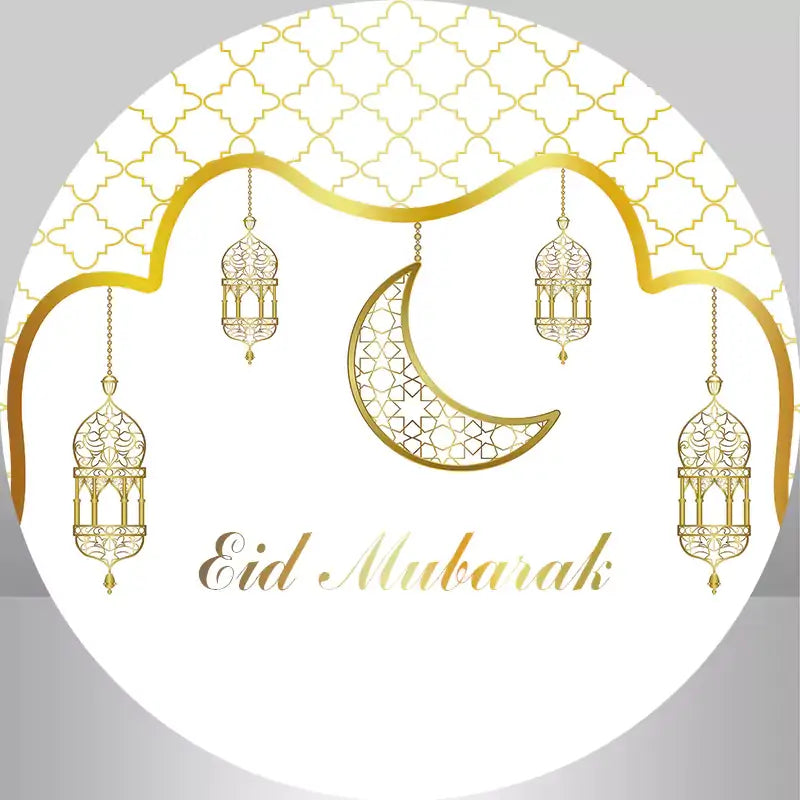 Elegant Eid Mubarak round backdrop with gold lanterns and crescent moon, ideal for festive celebrations