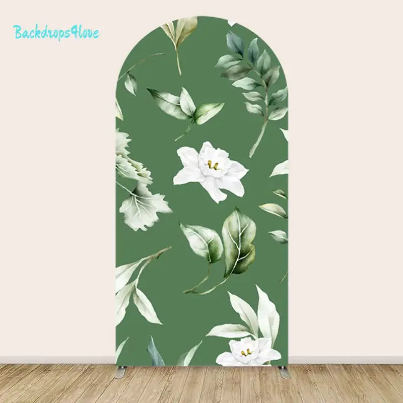 Left arch with deep green background and white lilies with watercolor leaves, in a soft botanical style.