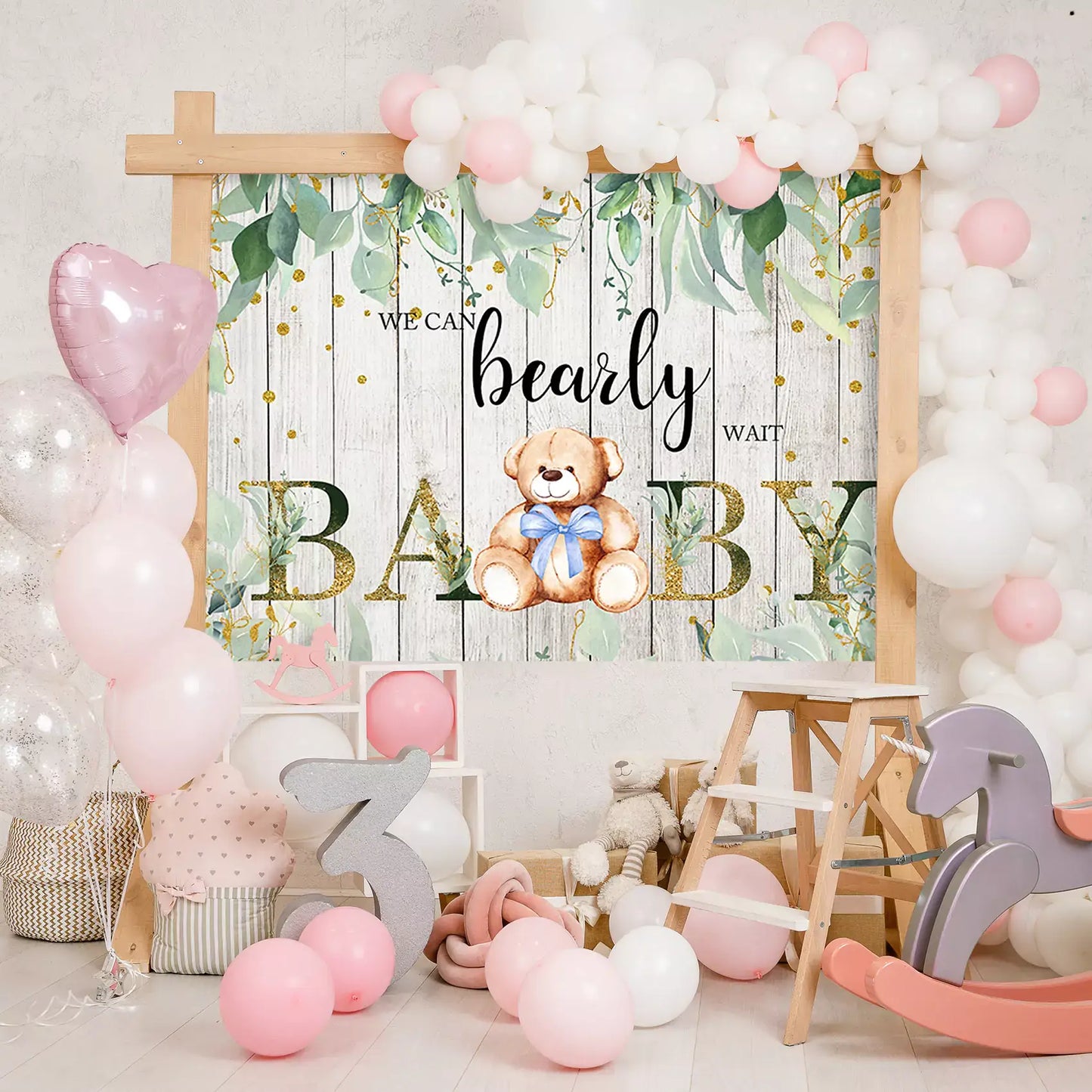 green leaves rustic we can bearly wait baby photography backdrop decorations