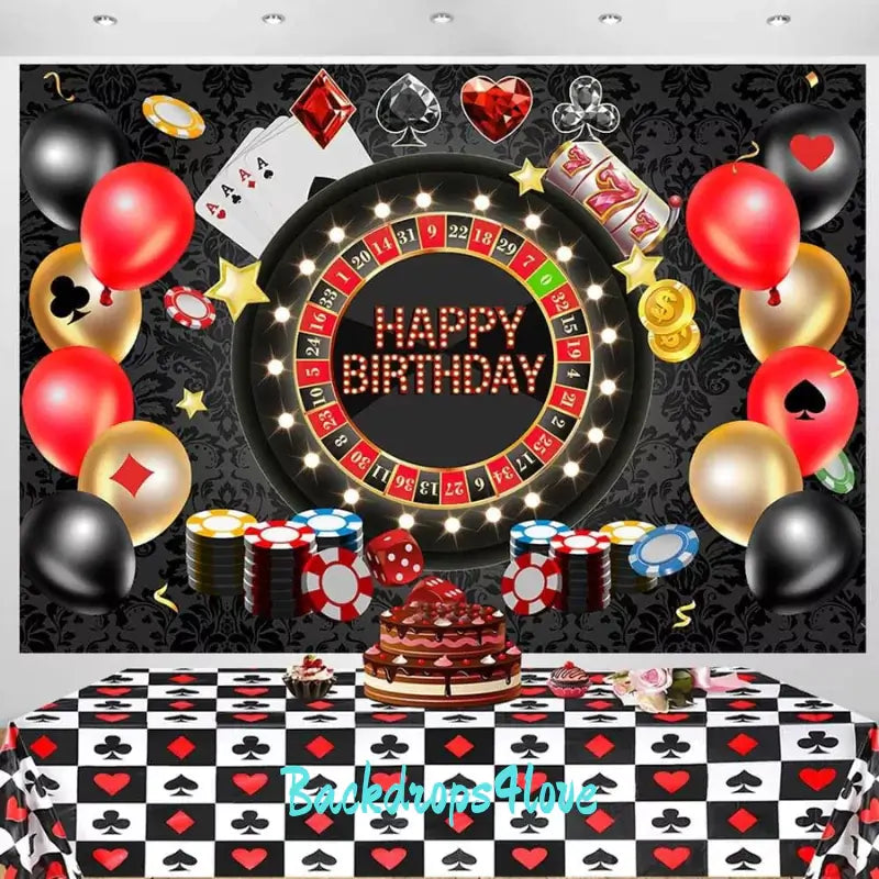 Elegant happy birthday backdrop featuring a casino design with balloons and poker decor.