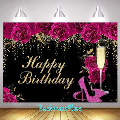 Elegant Happy Birthday backdrop with pink roses, gold glitter, and a black background.