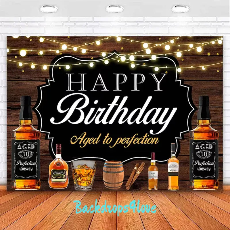 Happy birthday backdrop with whiskey bottles and a rustic wood background, perfect for party decorations.