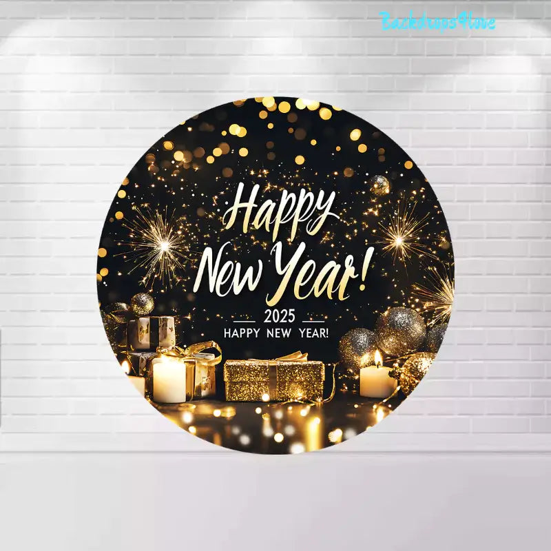 Round Happy New Year 2025 backdrop with gold glitter, sparklers, and candles, perfect for party decorations.