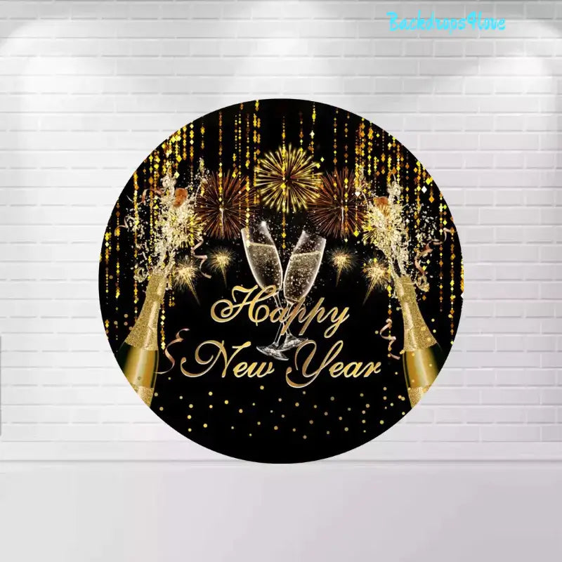 Elegant round backdrop with "Happy New Year" text, champagne explosion, and golden fireworks for party celebrations.