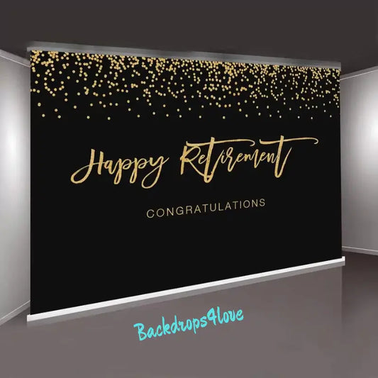 Elegant black and gold retirement backdrop with gold confetti and ‘Happy Retirement’ text, perfect for creating a memorable farewell party atmosphere.