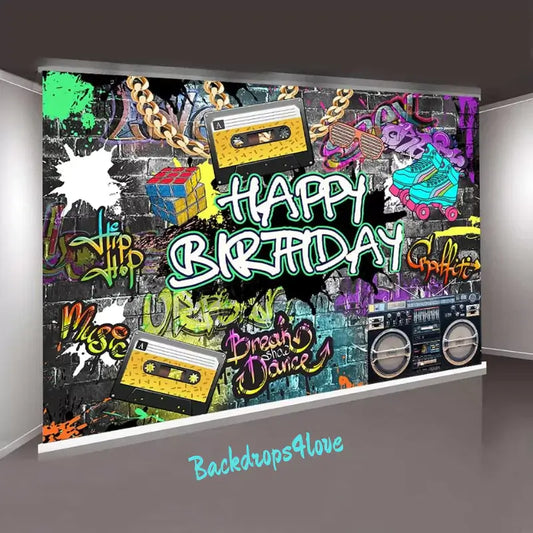 Colorful hip-hop and graffiti-themed birthday backdrop with 90s urban elements, including cassette tapes, a boombox, roller skates, and graffiti text, ideal for hip-hop lovers and retro-themed parties.