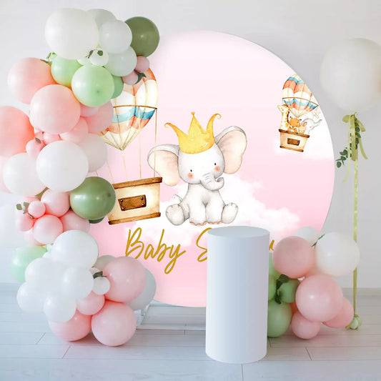 Hot Air Balloons and Baby Elephant with Gold Crown Girls Baby Shower Backdrop