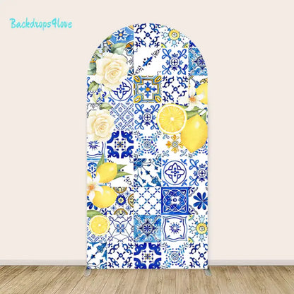 Left arch panel with blue tile patterns and lemon designs.